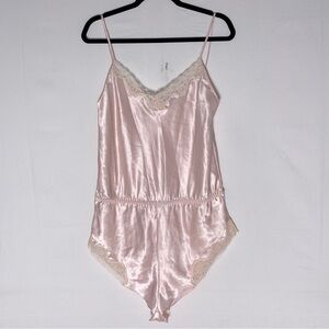 Vintage The Bay Pale Pink Satin Teddy Romper W Lace Trim Lingerie Bodysuit M
